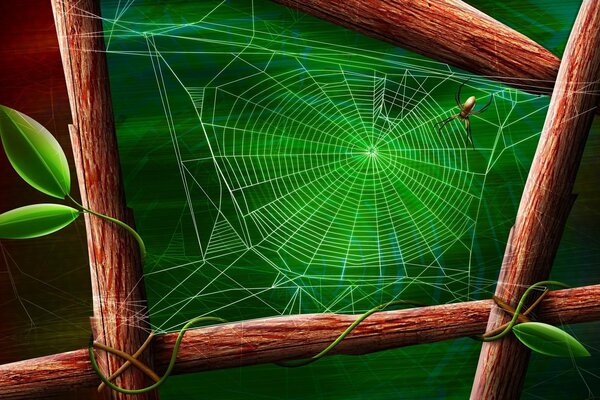 Zeichnung eines Zweigs eines Baumes. Spinne webte Spinnennetz auf grünem Hintergrund