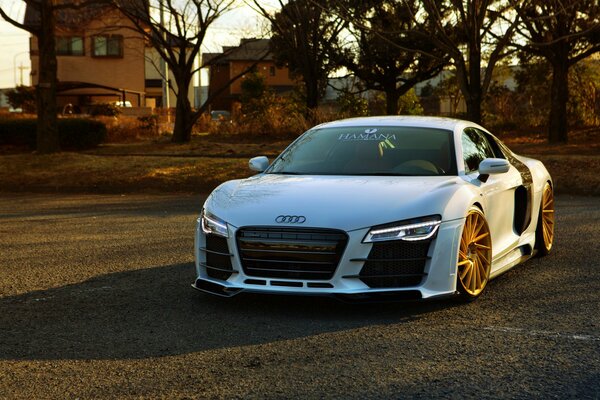 El Audi blanco R8 con los discos anaranjados y las luces delanteras encendidas, se coloca en el camino