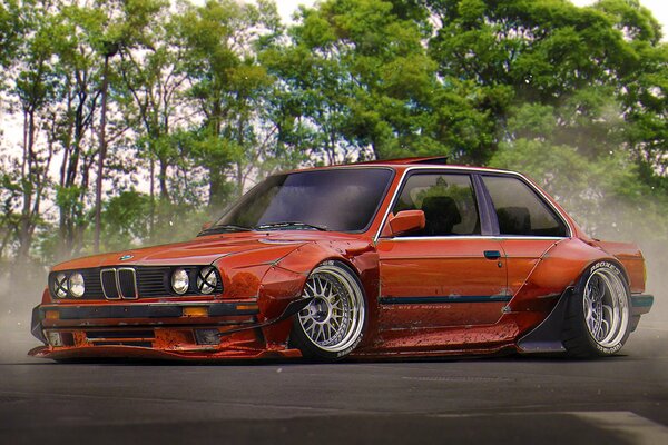 Red BMW E30 on the side during drift