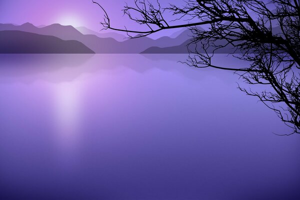 Montagnes du lac et des branches d arbres dans des tons de lilas