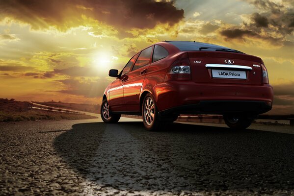 Lada Priora hatchback. The flagship car is red