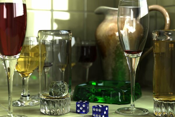 Still life from glasses in which wine is poured