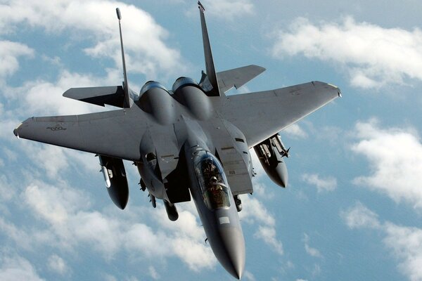 Chasseur militaire noir f-15 dans les airs