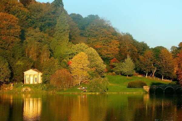 Autumn colors on the background of a mountain lake