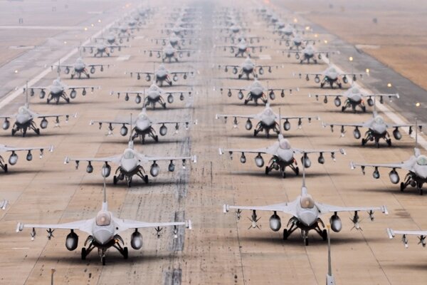 A training ground with many single-seat multi-purpose fighters