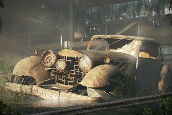 A rare, broken-down car, in an abandoned place