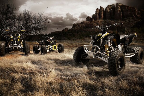 Quad su uno sfondo di rocce. Atmosfera oscura