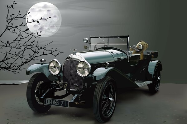 A toy of a rare car on the background of the moon