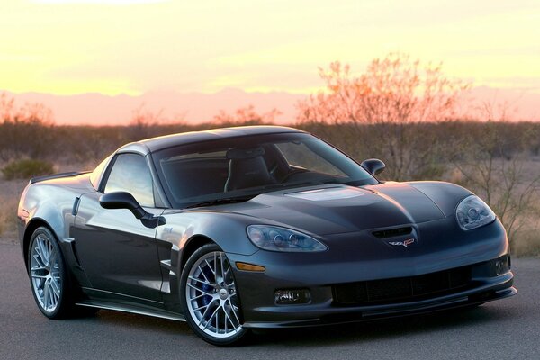 Sunset, grass, black car on the road