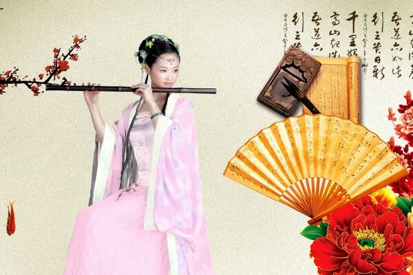 Fille asiatique avec un instrument de musique