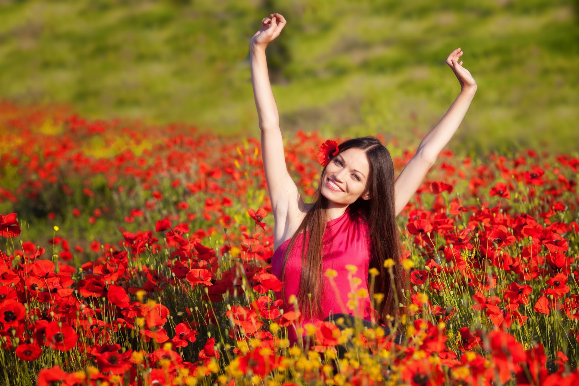 widescreen positive happiness girl mood background full screen red brunette hands the field colors . flower