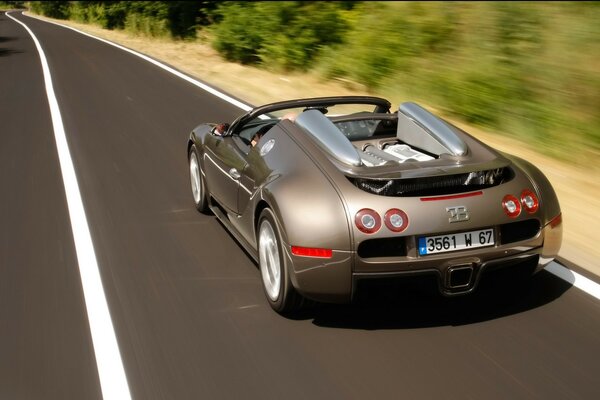 The cabriolet is driving along the road past the forest