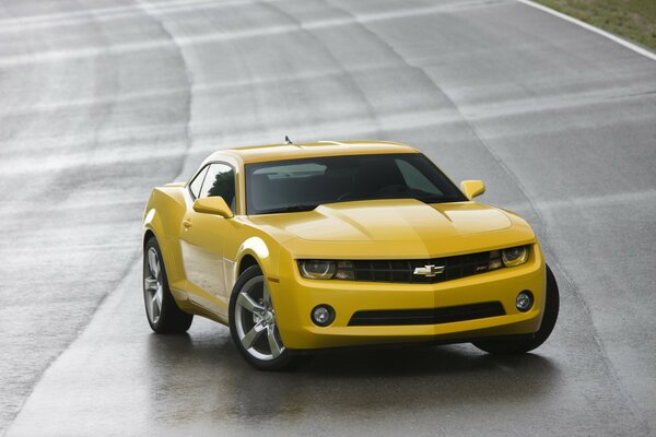 Chevrolet Camaro yellow on the road