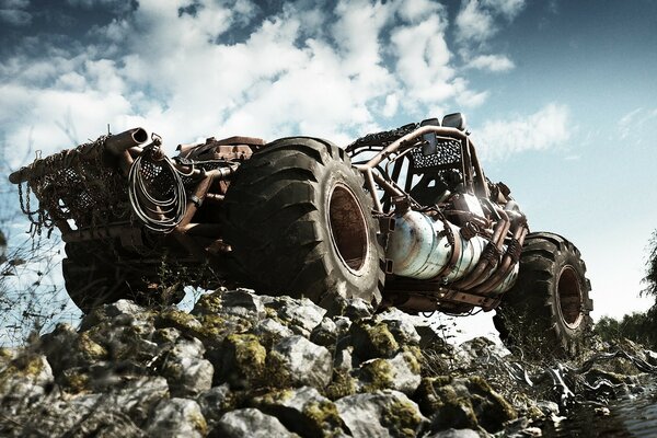 SUV en medio de rocas y nubes