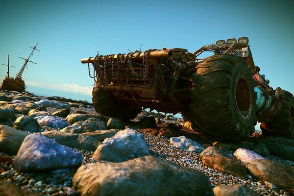 Un SUV se dresse sur un rivage rocheux