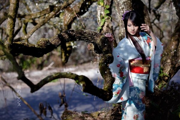 Ragazza asiatica in kimono su sfondo di legno