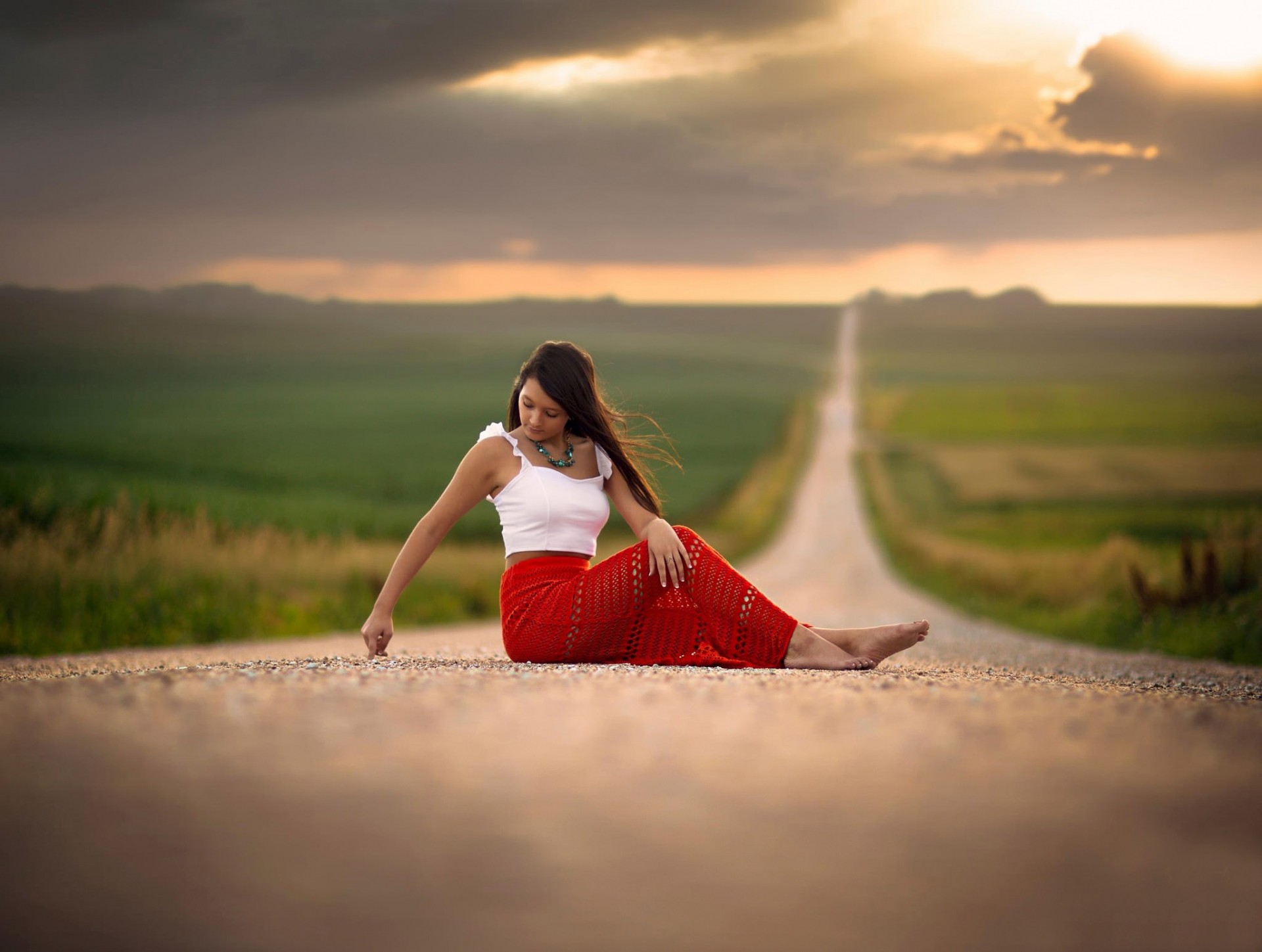 bokeh road barefoot girl space