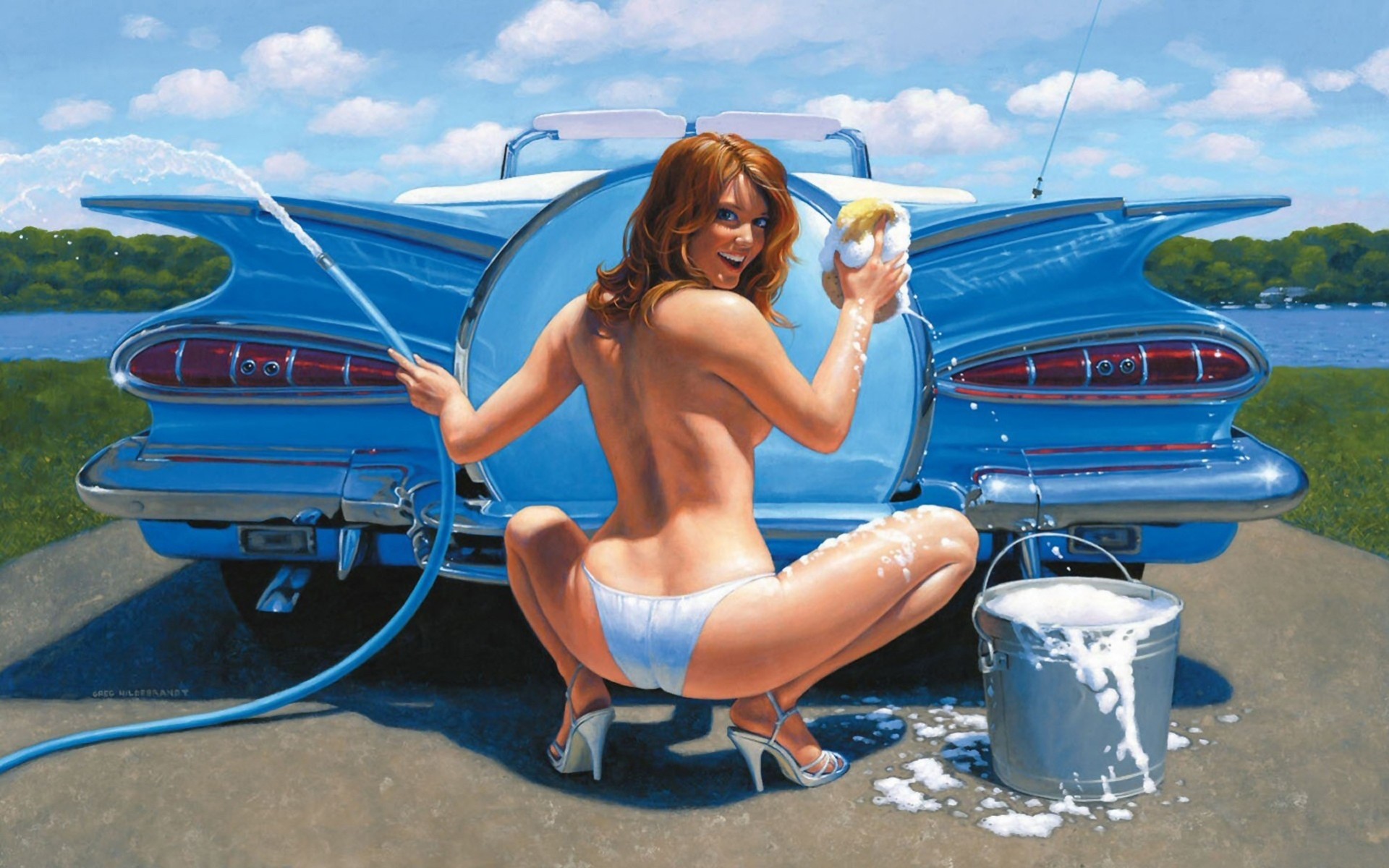 art seau fille style peinture tuyau charme mousse lavage de voiture voiture auto