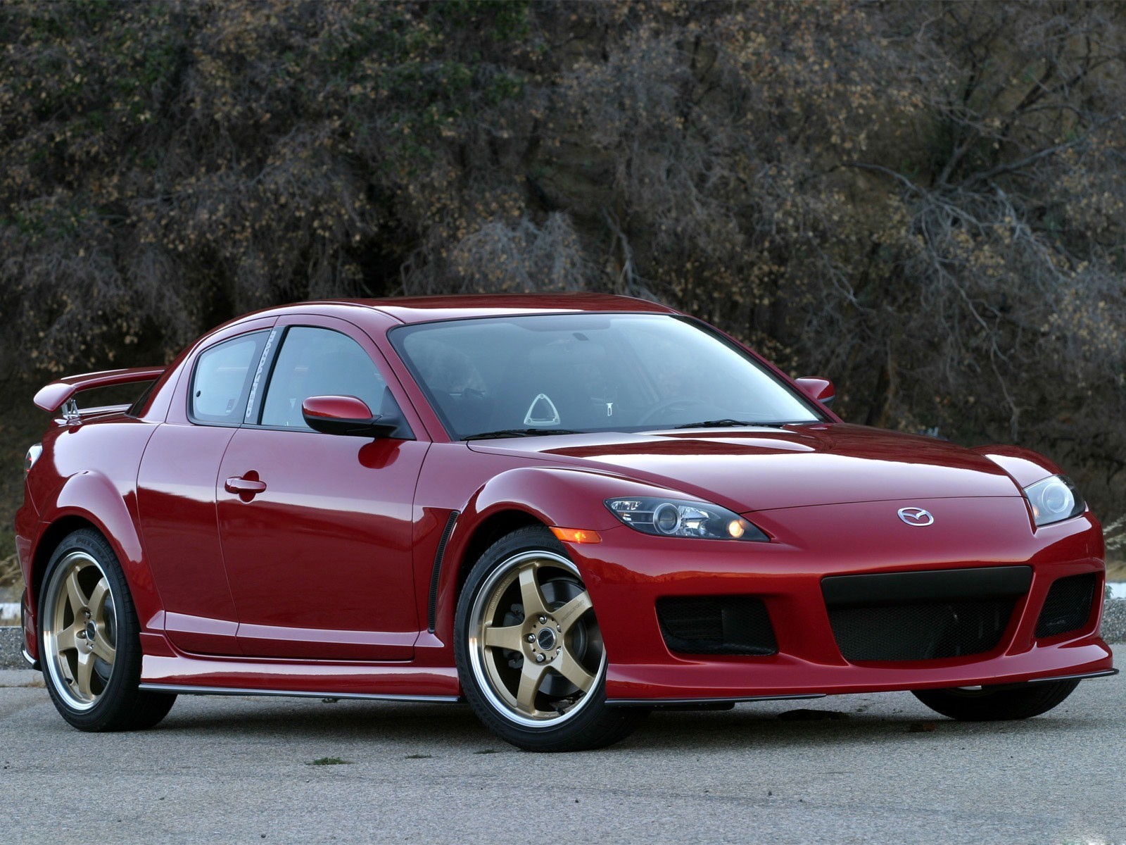 mazda rx8 czerwony drzewa droga