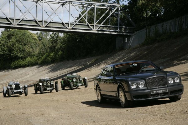 Retro racing under the bridge with bentley