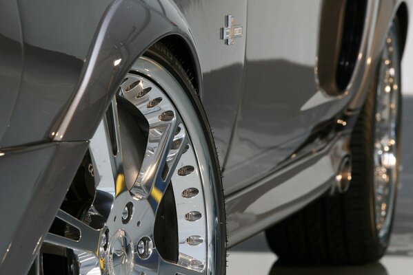 Wheels of a Mustang car close-up