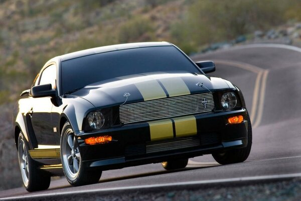 Mustang car rides on the road