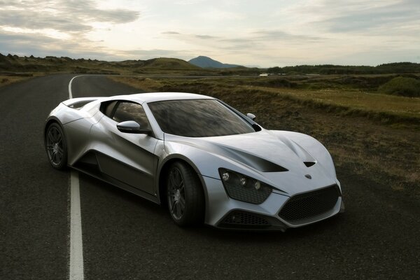 Sports car across the markings on the road