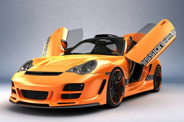 Orange porsche on a white background