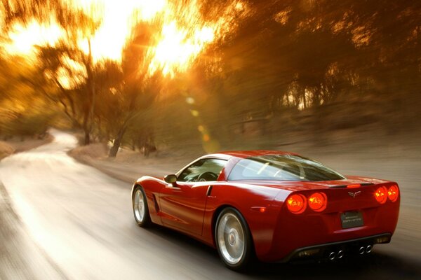 Chevy corvette car on the road under the evening sun