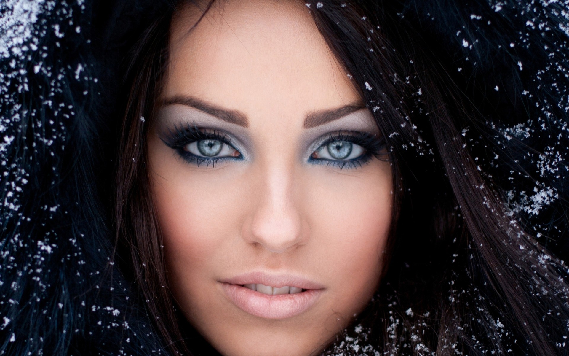 brunette snow views blue eyes beauty portrait winter