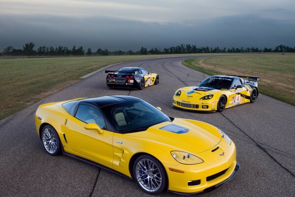 Voitures jaunes chevrolet Corvette sur la piste