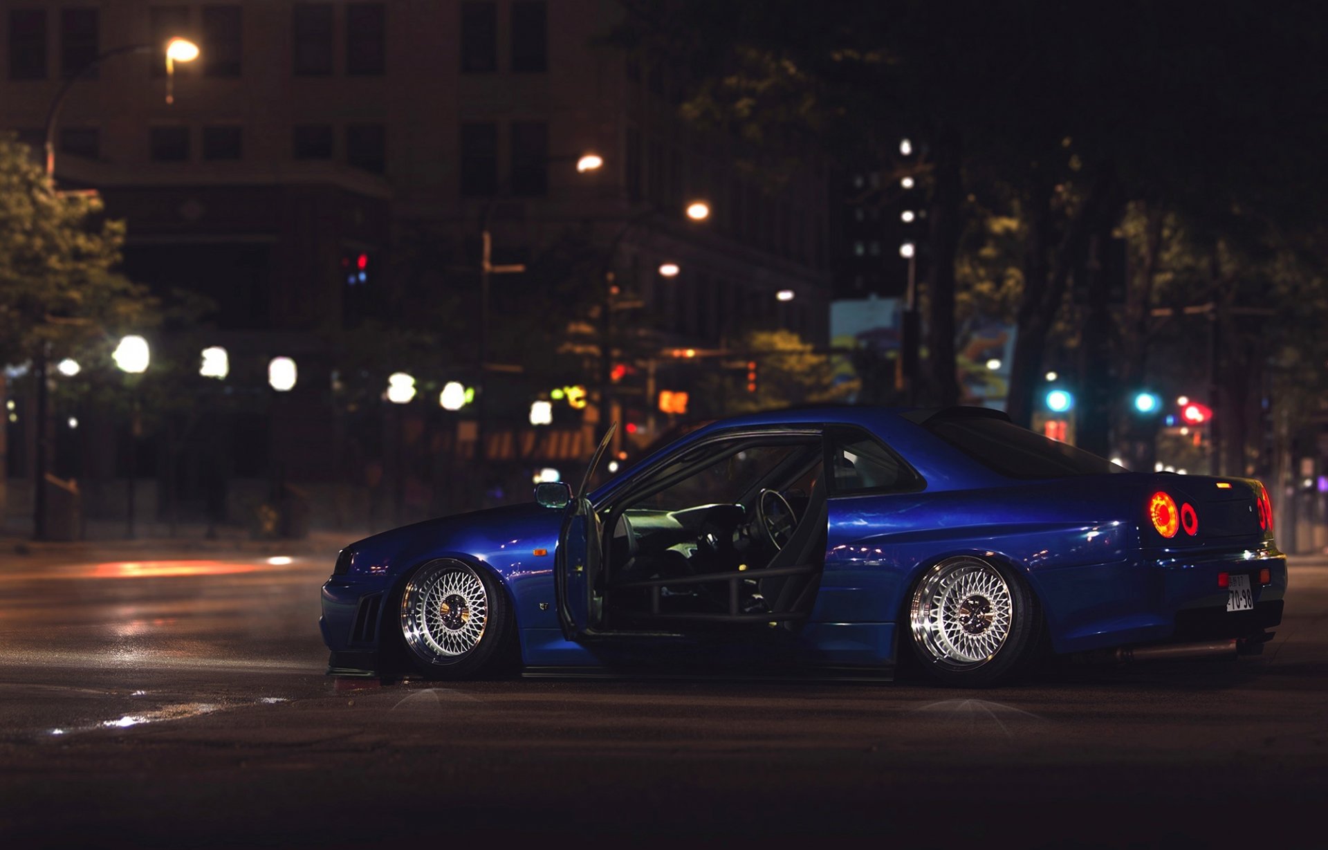 nissan skyline r34 gtr stance car low city nigth street rear