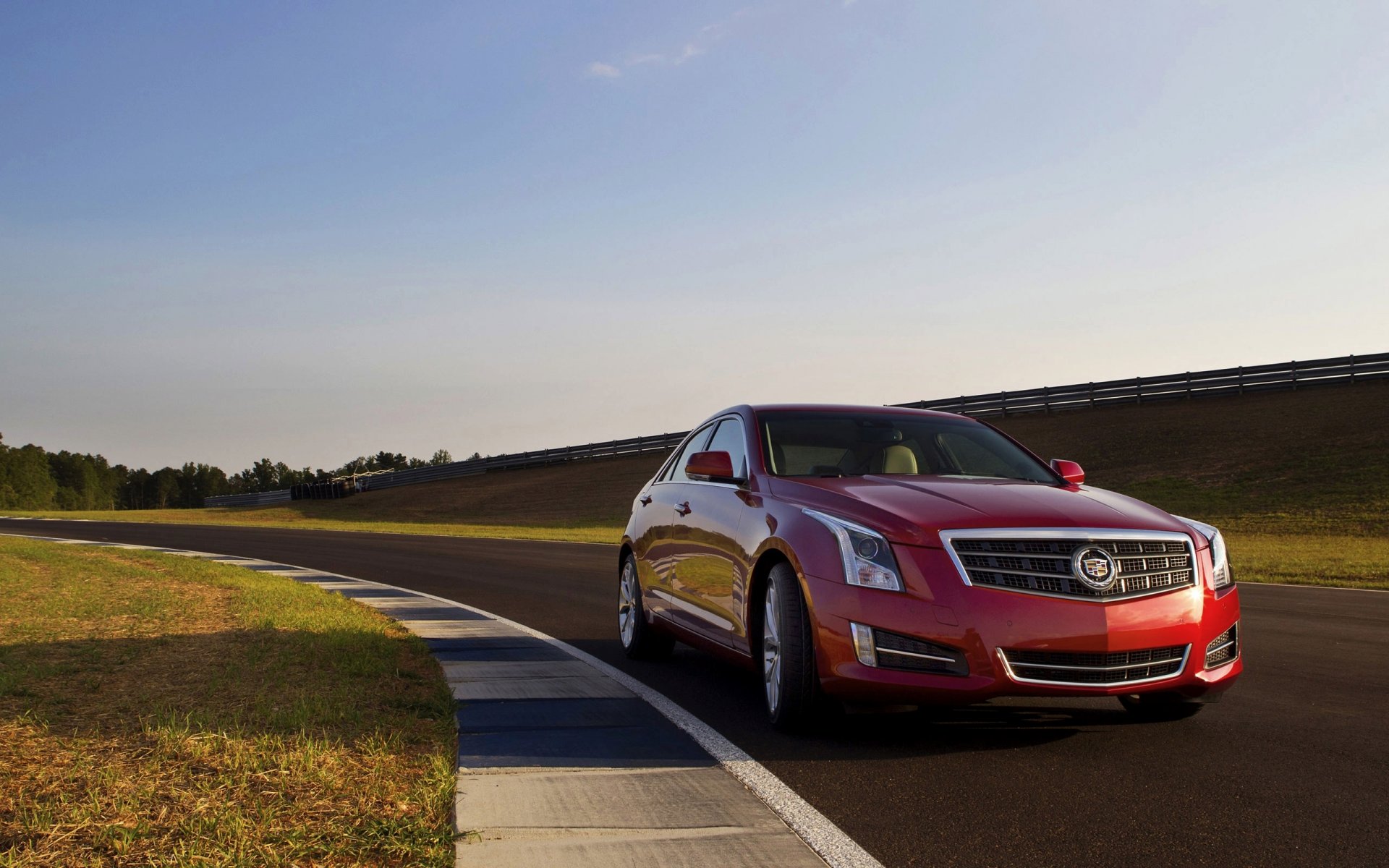 cadillac ats samochód droga sedan czerwony cadillac logo reflektory