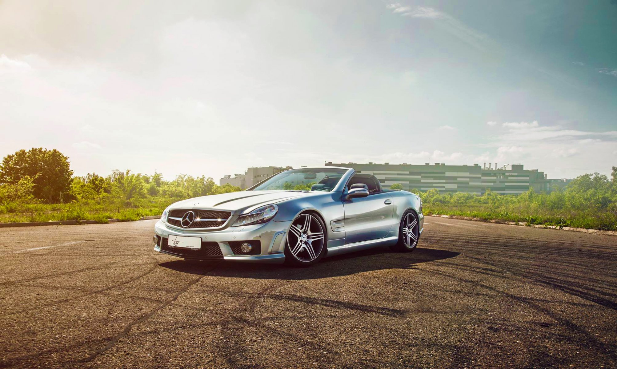 mercedes-benz sl class convertable silver sun front