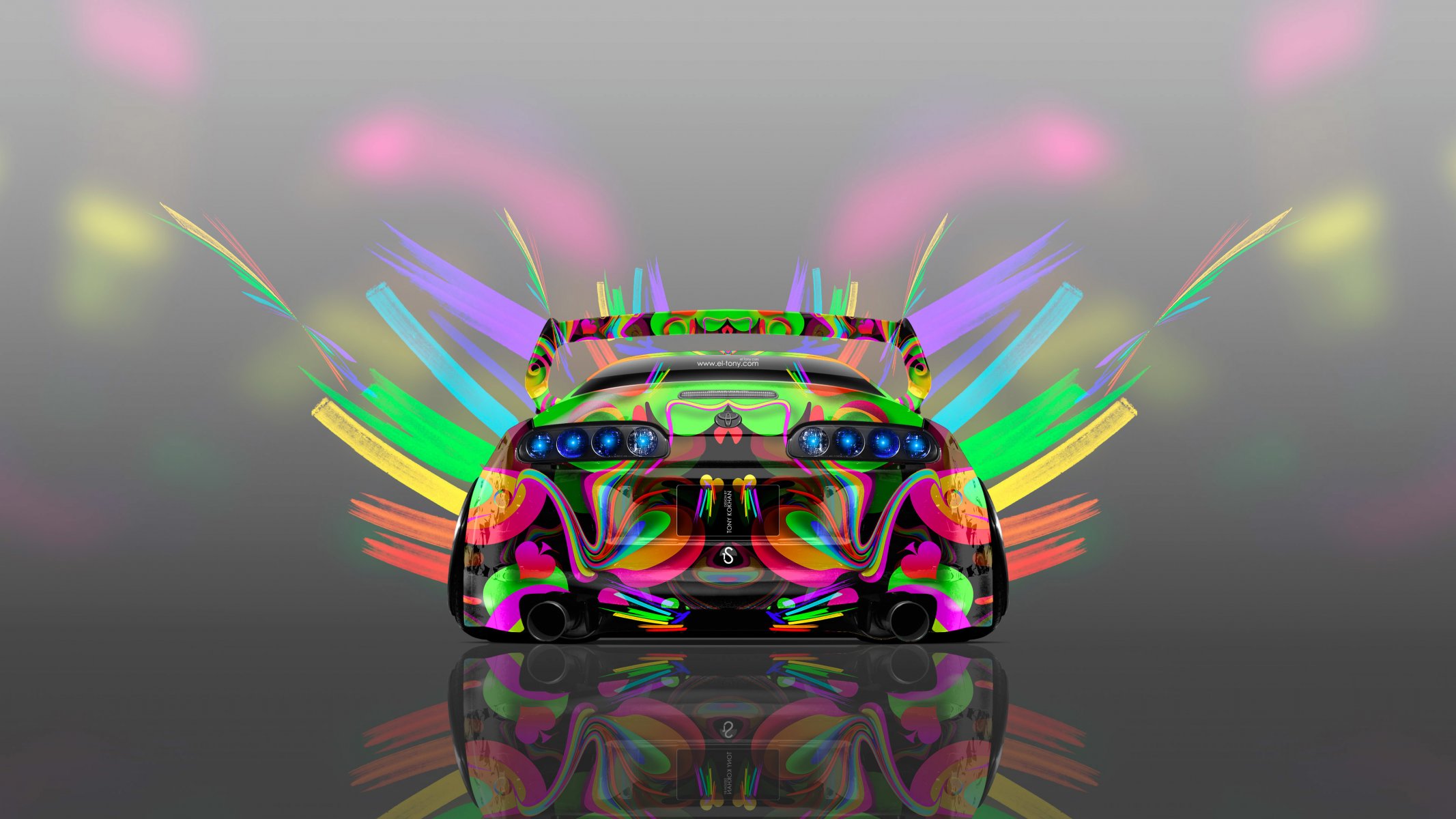 tony kohan toyota above jdm super abstract airbrushing multicolors neon 4k wallpaper design art style photoshop toyota supra rear view bright multicolored car bright multicolored auto abstract jadeem gray background 4k