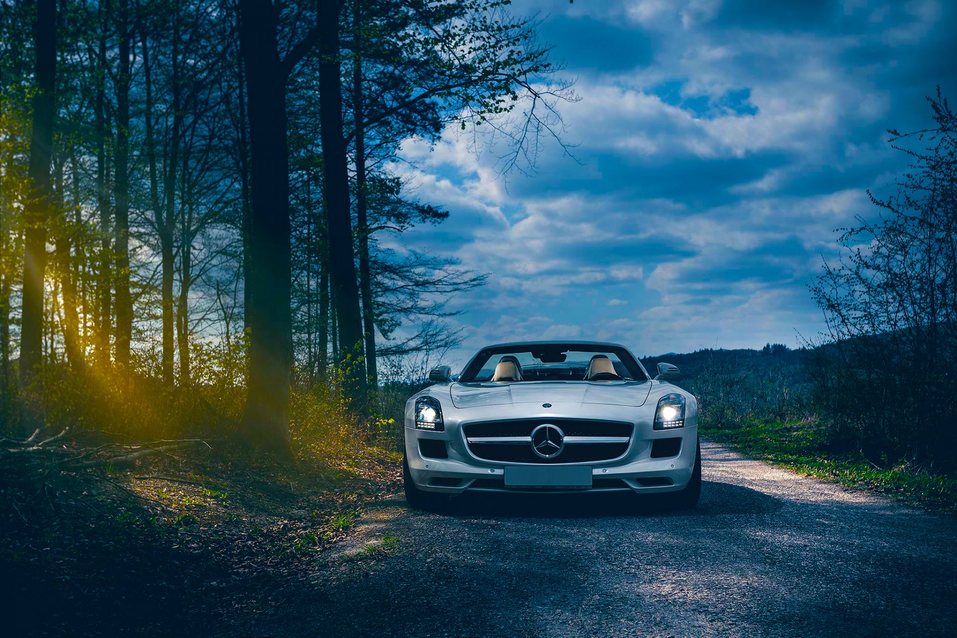 mercedes-benz amg sls roadster forêt soleil avant voiture