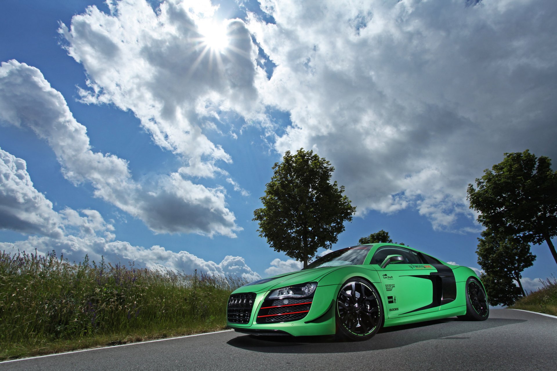 racing one audi r8 car machinery tuning road grass sky cloud