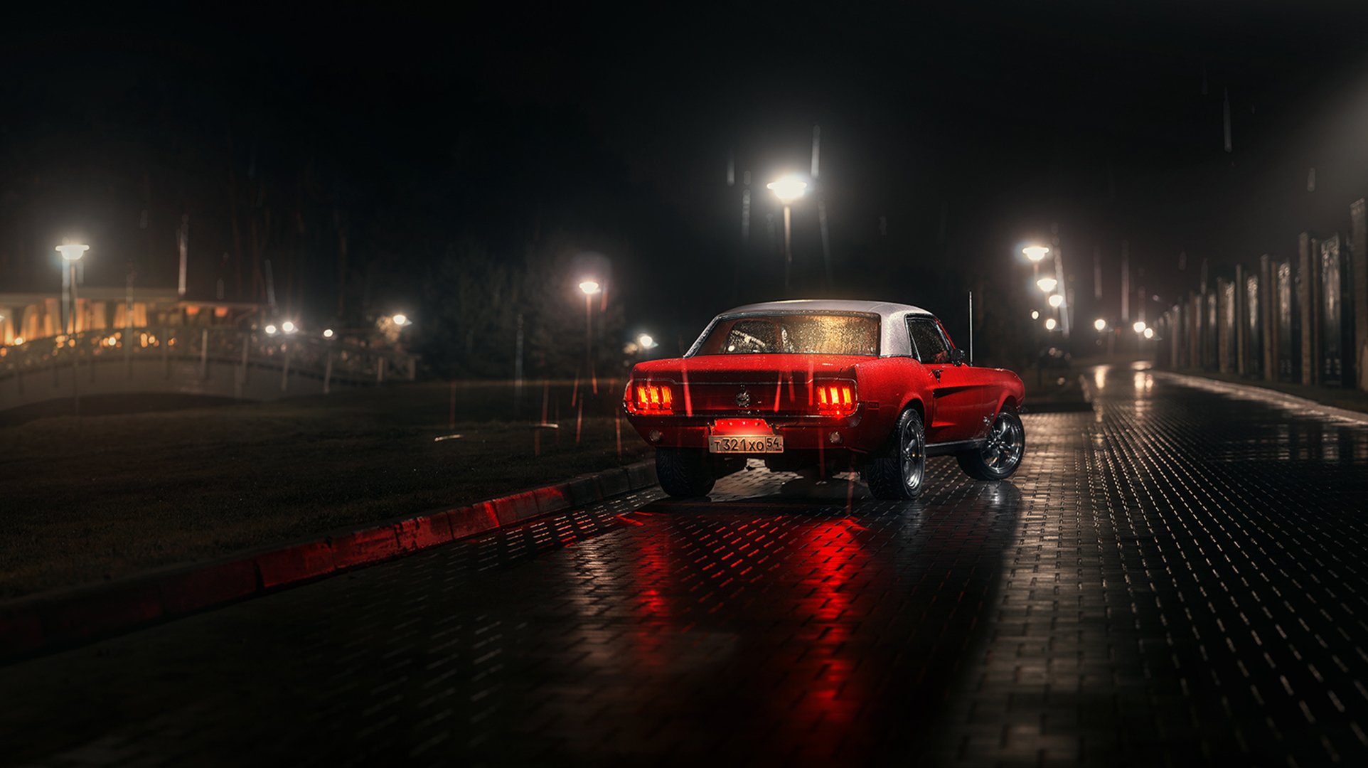 mustang ford 1967 tylna czerwona biała lampa tylna odbicie parkingowe słupy oświetleniowe deszcz