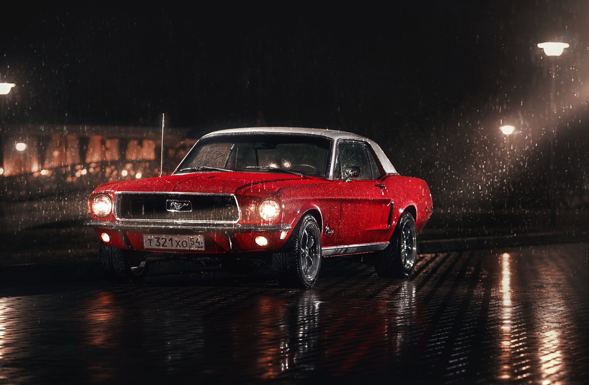 mustang ford 1967 rouge blanc lave-glace parking lampadaires pluie