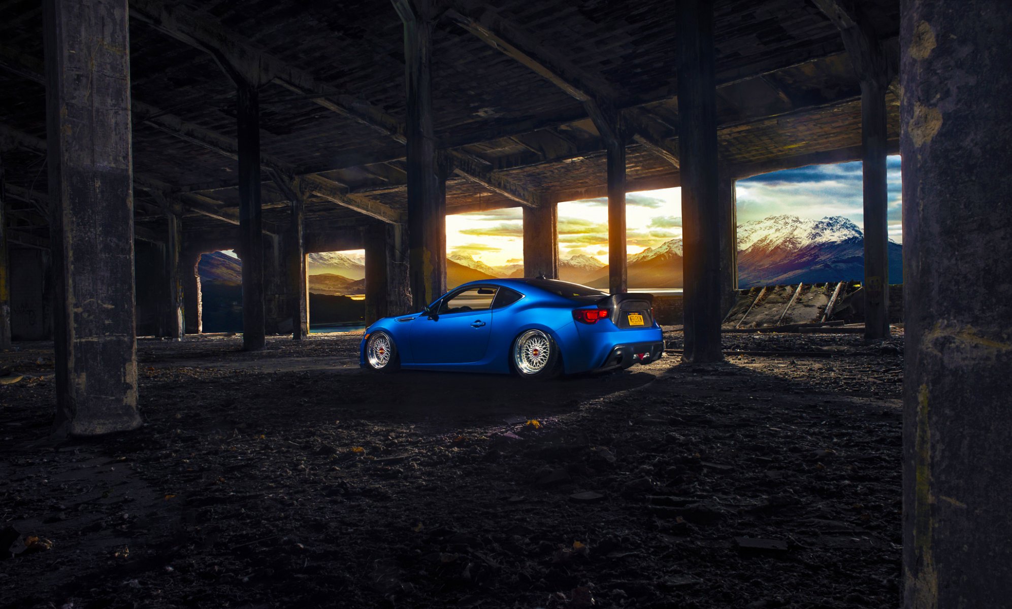 ubaru brz stanceworks bbs wheels blue sport car mountain sun rear