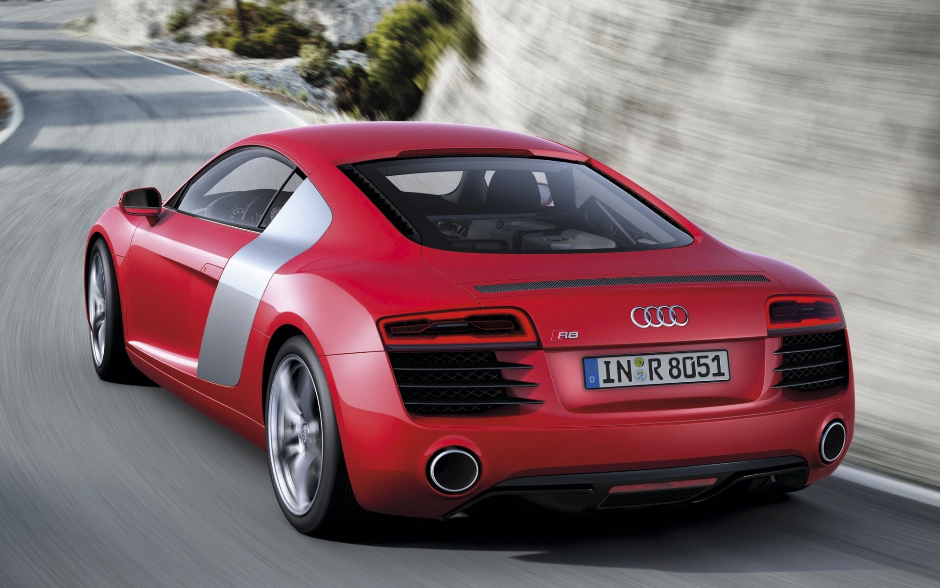 audi r8 audi p8 supercar red rear view road rock