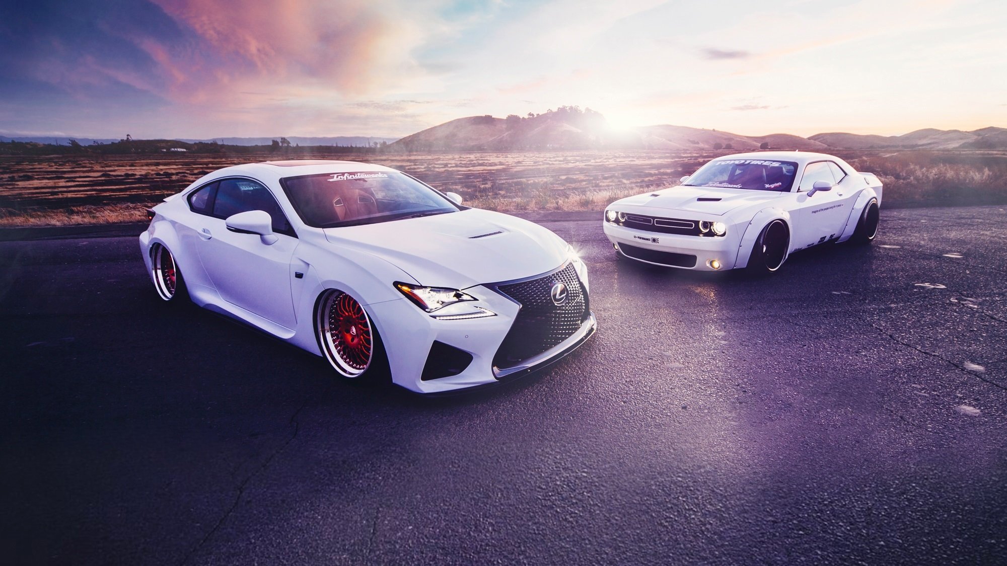 lexus rc350 dodge challenger liberty walk white sport cars stance sunset front