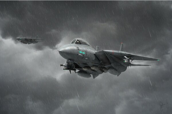 A fighter plane. A plane in the rain. Jet plane. Military aircraft