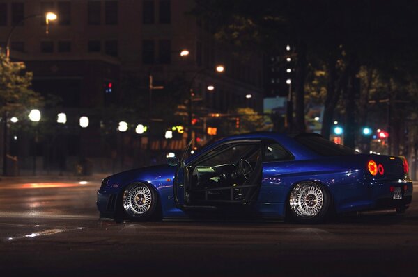 Stylish Nissan R34 in the dark of the city