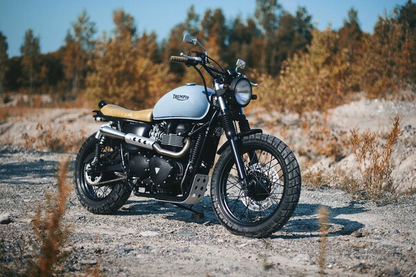 The motorcycle stands on the rocks against the background of the forest