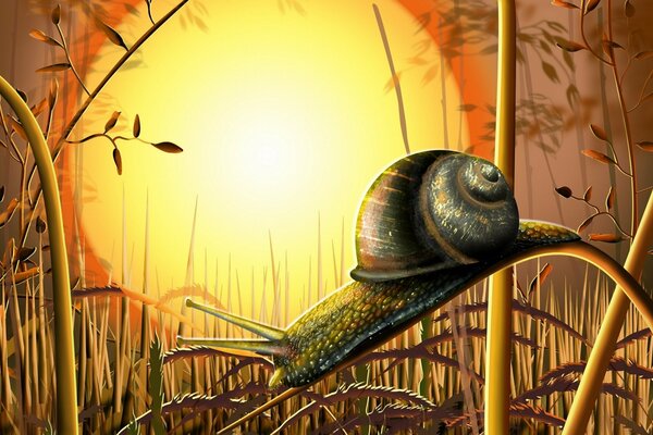 Escargot rampant sur l herbe profiter des derniers rayons du soleil