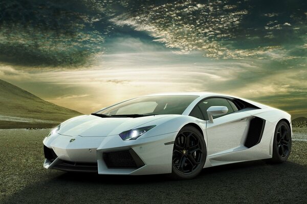 White Lamborghini on the background of a beautiful celestial landscape