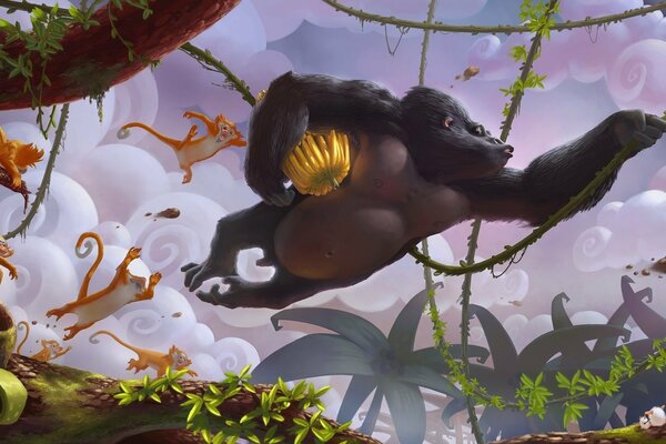 Gorilla with a bunch of bananas jumps on the vines