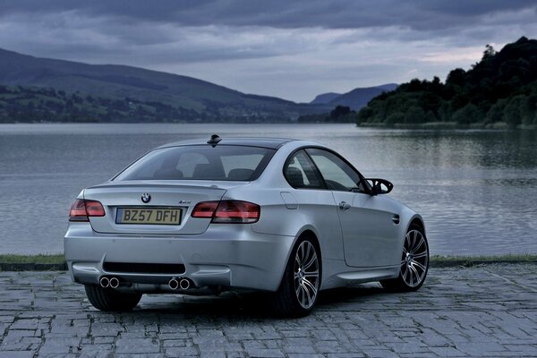 Bmw coche gris en la orilla del lago