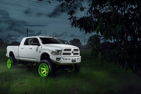 Super tuning of a white pickup truck